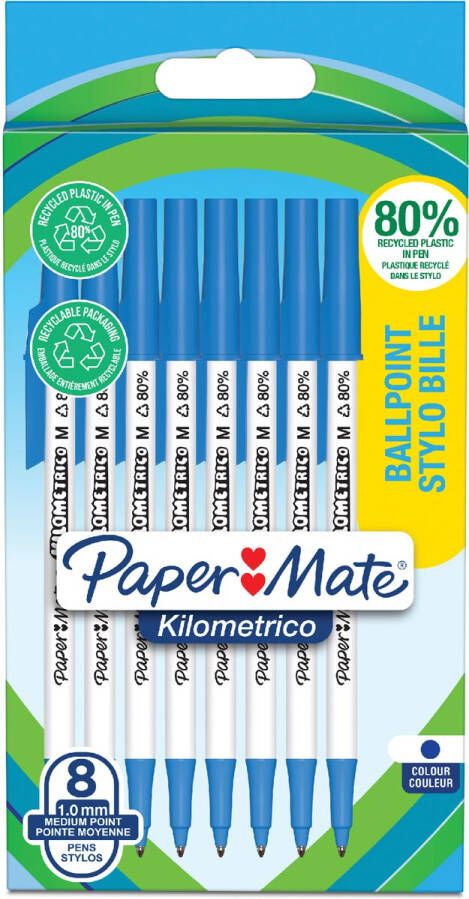 Paper Mate Balpen Kilometrico Recycled blauw medium blister Ã  8 stuks
