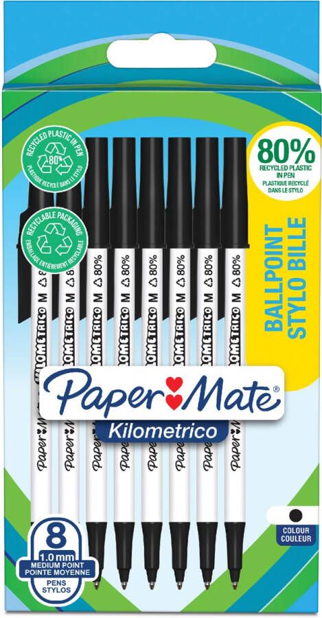 Paper Mate Balpen Kilometrico Recycled zwart medium blister Ã  8 stuks