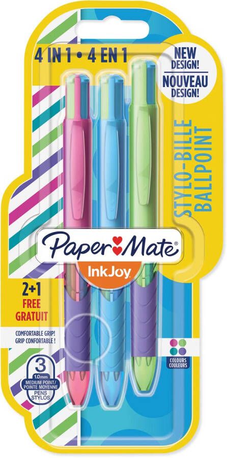 Paper Mate Inkjoy Quatro Joie de Vivre 4-kleurenbalpen medium klassieke inktkleuren blister 2 + 1 grat