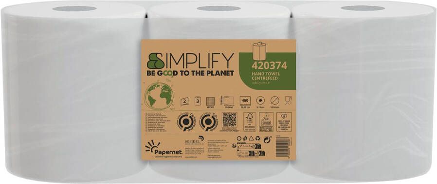 Papernet papieren handdoeken Simplify Centerfeed 2-laags 90 m 450 vel pak van 3 rollen