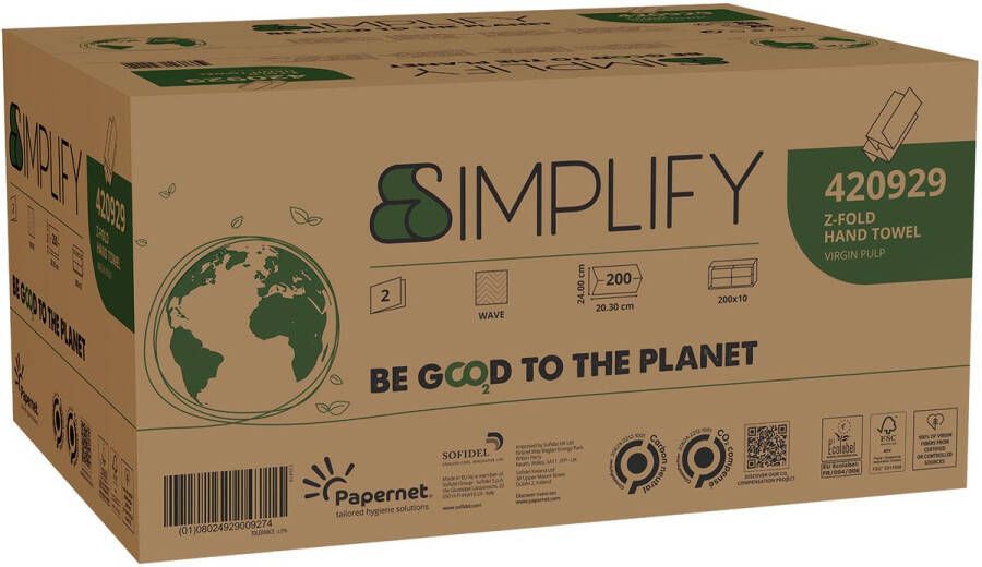 Papernet papieren handdoeken Simplify Z-vouw 2-laags 200 vellen pak van 10 stuks