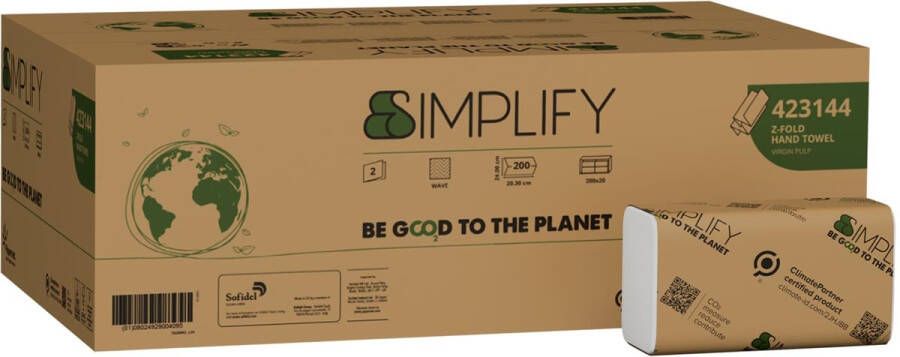 Papernet papieren handdoeken Simplify Z-vouw 2-laags 200 vellen pak van 20 stuks