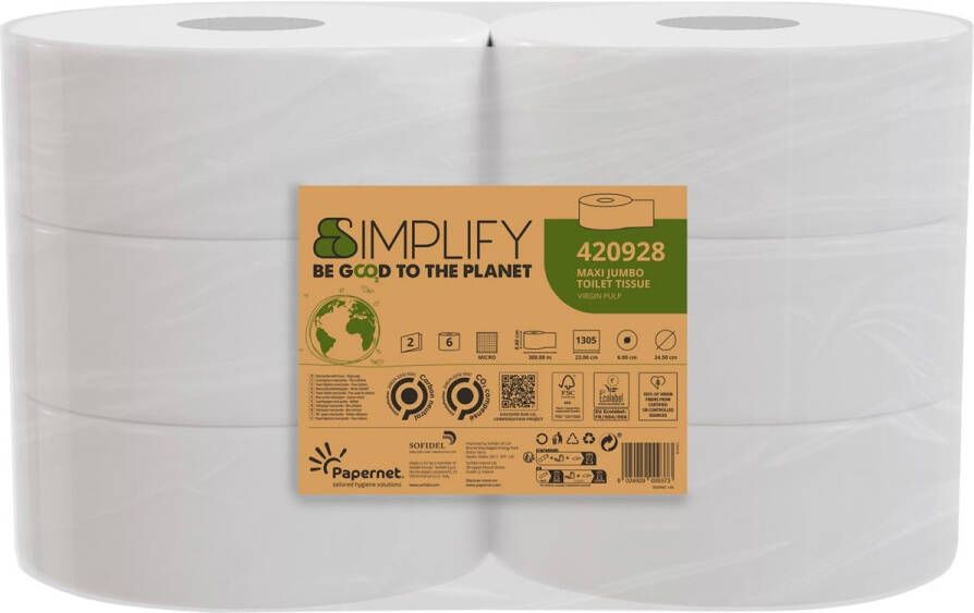 Papernet toiletpapier Simplify Maxi Jumbo 2-laags 1305 vellen pak van 6 rollen