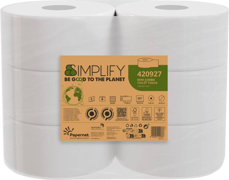Papernet toiletpapier Simplify Mini Jumbo 2-laags 557 vellen pak van 6 rollen