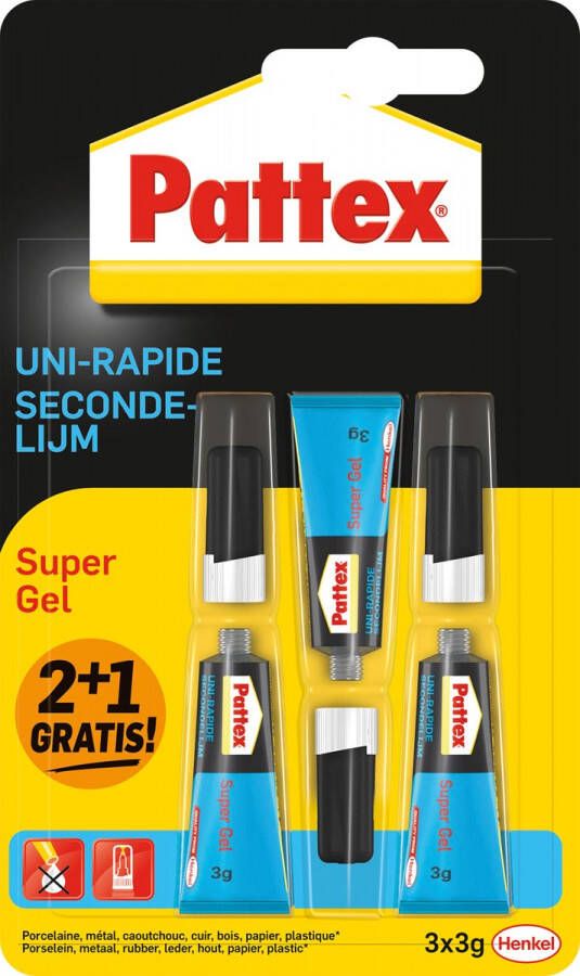 Pattex Super Gel secondelijm 3 g 2 + 1 gratis op blister