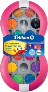 Pelikan verfdoos Space 12 napjes in geassorteerde kleuren + tube wit magenta