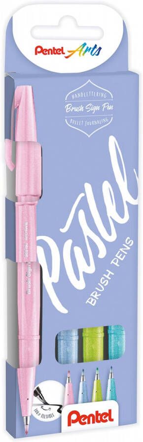 Pentel brushpen Sign Pen Brush Touch kartonnen etui met 4 pastelkleuren roze grijs groen en blauw