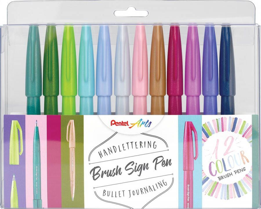 Pentel brushpen Sign Pen Brush Touch plastic etui met 12 stuks in geassorteerde kleuren