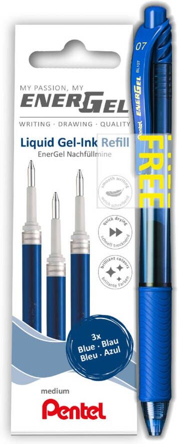 Pentel Gelschrijvervulling LR7 Energel met gratis gelpen medium blauw blister Ã  3 stuks