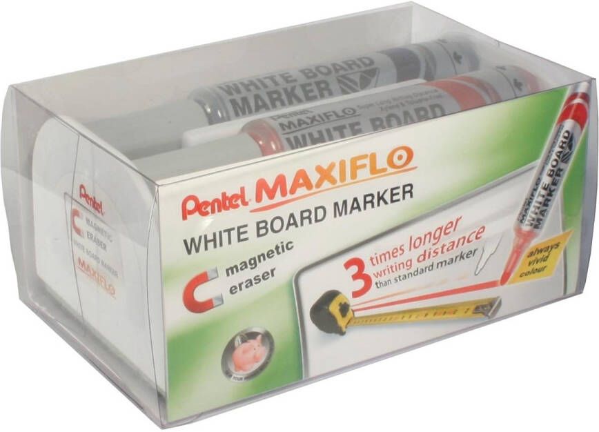 Pentel whiteboardmarker Maxiflo set van 4 stuks: blauw rood groen en zwart + magnetische bordwisser
