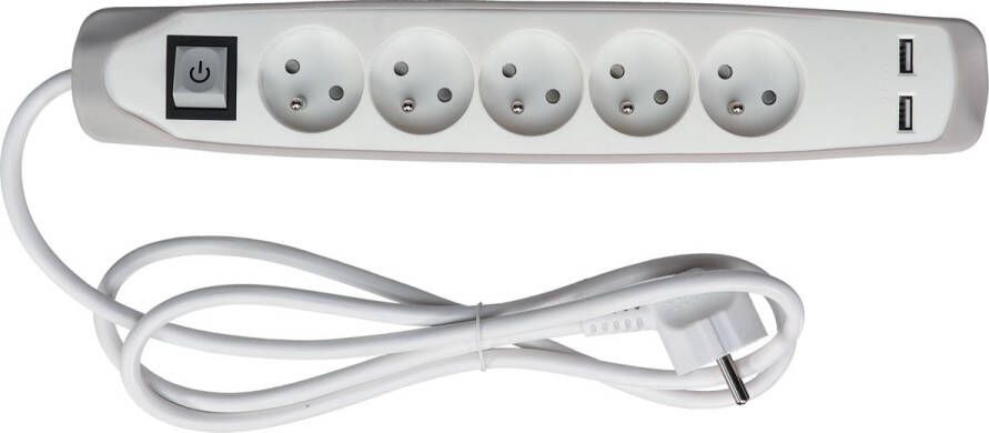 Velleman 5-VOUDIGE STEKKERDOOS MET SCHAKELAAR 2 USB-POORTEN 1.5 m KABEL GRIJS WIT RANDAARDE