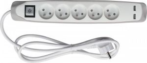 Perel contactdoos met 5 stopcontacten 2 USB poorten en schakelaar 1 5 m wit en grijs