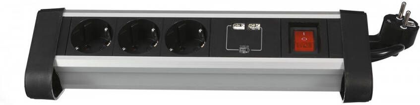 Perel desktop contactdoos met 3 stopcontacten 2 USB-poorten en schakelaar zwart voor België