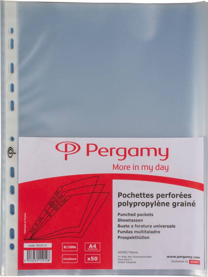 Pergamy geperforeerde showtas ft A4 11 gaatsperforatie gekorrelde PP van 80 micron pak van 50 stuks