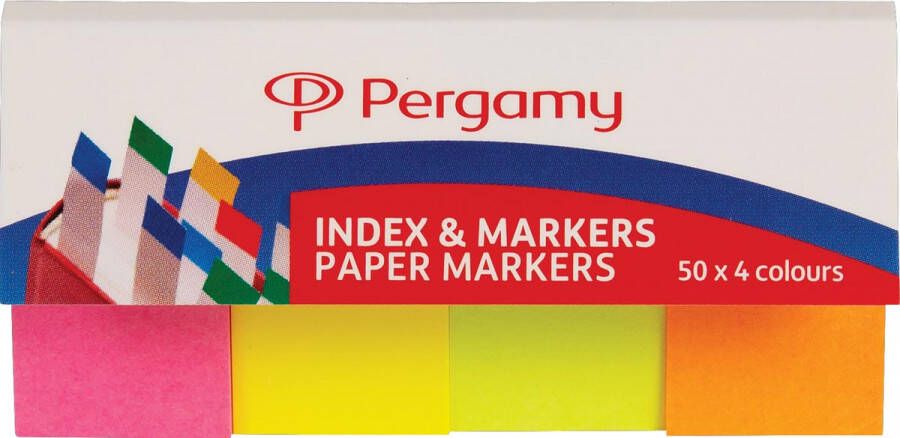 Pergamy Index &amp papieren markeerstroken pak van 4 x 50 vel geassorteerde neon kleuren