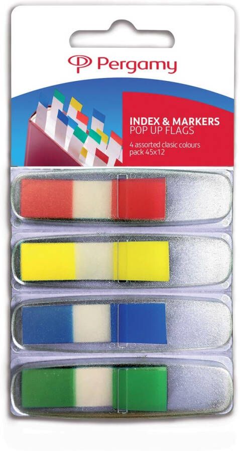 OfficeTown Pergamy index ft 45 x 12 mm blister van 4 geassorteerde klassieke kleuren met dispenser