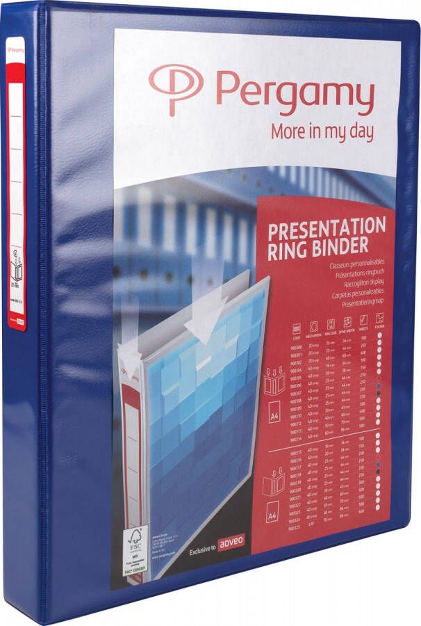 Pergamy personaliseerbare ringmap ft A4 2 pochettes 3 insteektassen 4 D-ringen van 25 mm blauw