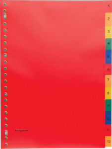 Pergamy tabbladen ft A4 23-gaatsperforatie PP geassorteerde kleuren set 1-12
