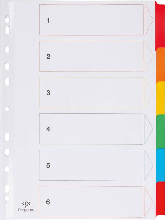 Pergamy tabbladen met indexblad ft A4 11-gaatsperforatie geassorteerde kleuren 6 tabs