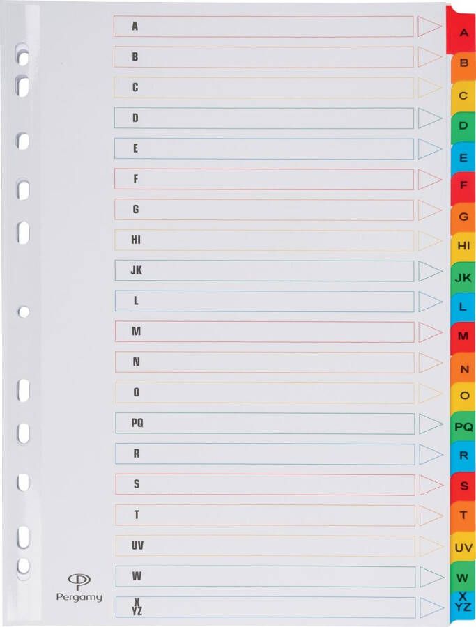 Pergamy tabbladen met indexblad ft A4 11-gaatsperforatie geassorteerde kleuren A-Z 20 met tabs