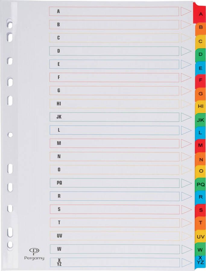 Pergamy tabbladen met indexblad ft A4 11-gaatsperforatie geassorteerde kleuren A-Z 20 met tabs