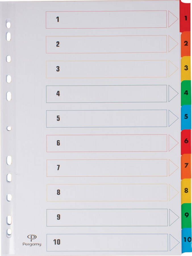 Pergamy tabbladen met indexblad ft A4 11-gaatsperforatie geassorteerde kleuren set 1-10