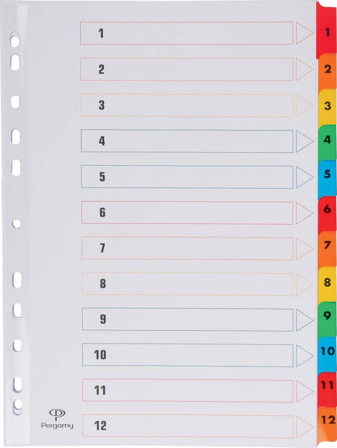 Pergamy tabbladen met indexblad ft A4 11-gaatsperforatie geassorteerde kleuren set 1-12