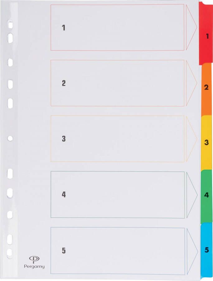 Pergamy tabbladen met indexblad ft A4 11-gaatsperforatie geassorteerde kleuren set 1-5