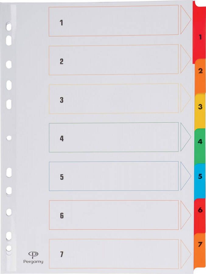 Pergamy tabbladen met indexblad ft A4 11-gaatsperforatie geassorteerde kleuren set 1-7