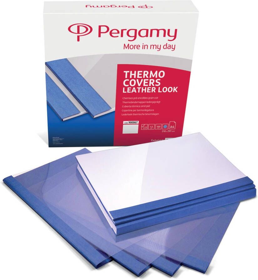 Pergamy thermische omslagen ft A4 karton lederlook rug van 6 mm pak van 100 stuks blauw