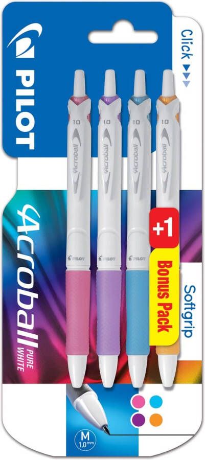 Pilot balpen Acroball Pure White blister van 3 + 1 gratis in vrolijke kleuren