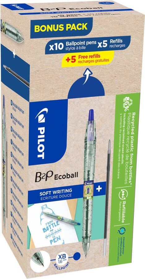Pilot Ecoball B2P BeGreen balpen large blauw doos van 10 stuks + 10 navullingen