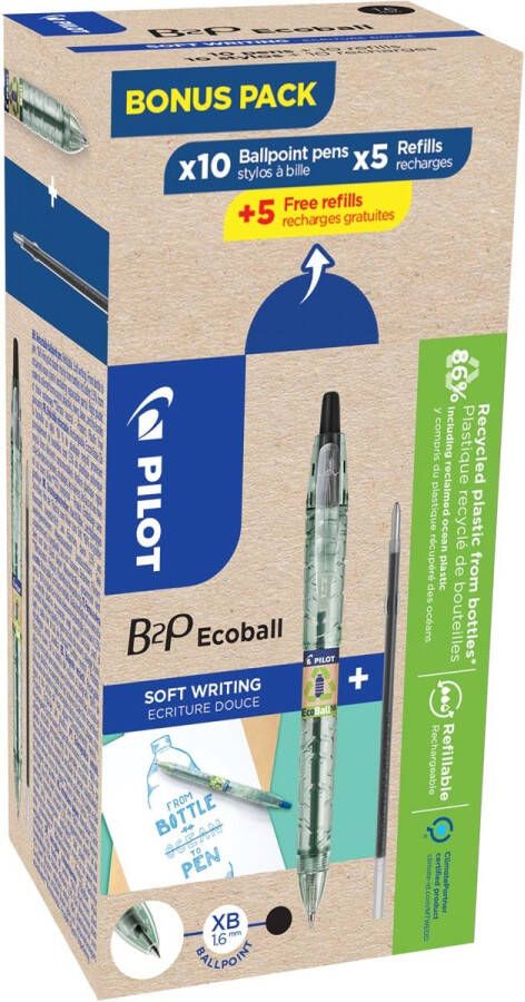 Pilot Ecoball B2P BeGreen balpen large zwart doos van 10 stuks + 10 navullingen