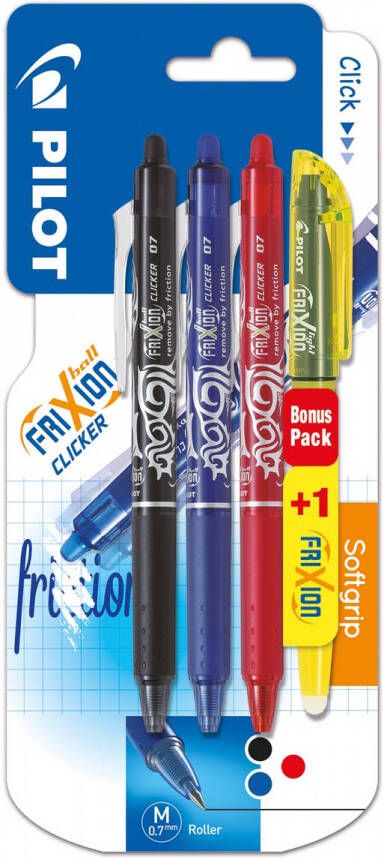 Pilot gelroller Frixion Ball Clicker blister van 4 stuks(3 gelrollers + 1 markeerstift )