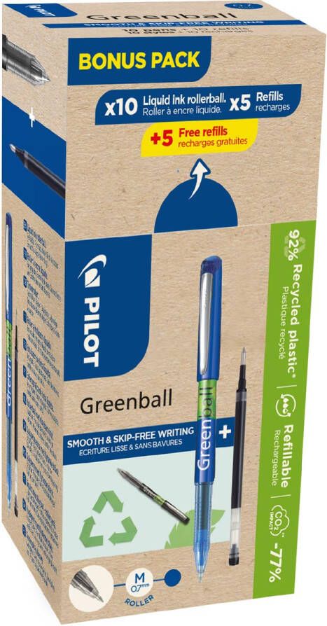 Pilot Greenball roller medium punt 10 rollers + 10 vullingen medium blauw