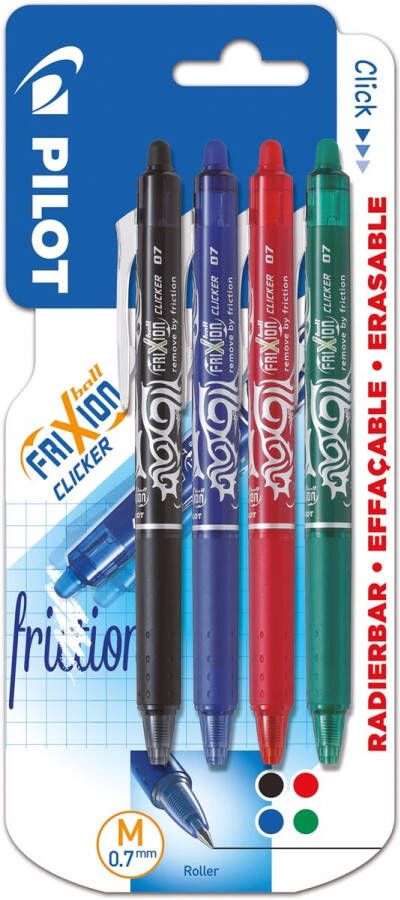 Pilot intrekbare roller FriXion Ball Clicker medium punt 0 7 mm blister met 4 stuks