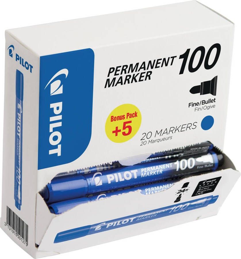 Pilot permanent marker 100 XXL doos met 15 + 5 stuks blauw