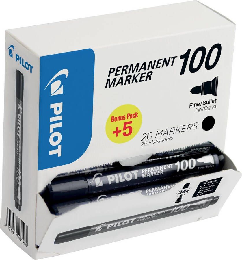 Pilot permanent marker 100 XXL doos met 15 + 5 stuks zwart