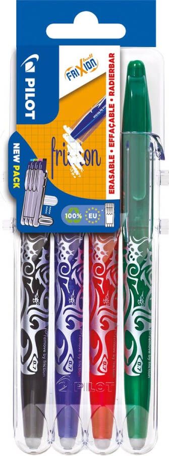 Merkloos Pilot roller Frixion Ball Set 2 Go blister van 4 stuks: zwart blauw rood en groen