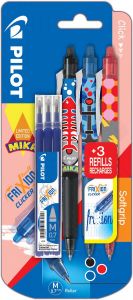 Pilot roller FriXion Clicker Mika blister van 3 stuks in geassorteerde kleuren + gratis refill