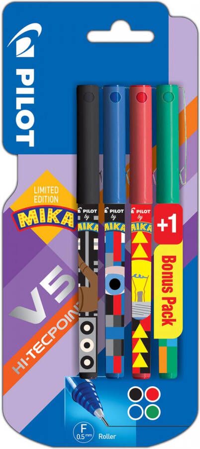 Pilot roller V-5 Mika blister van 3+1 stuks gratis in geassorteerde kleuren