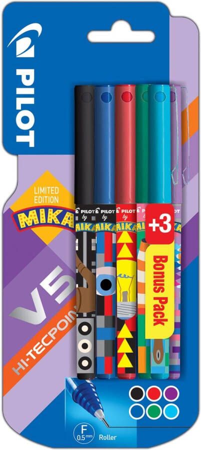 Pilot roller V-5 Mika blister van 3+3 stuks gratis in geassorteerde kleuren