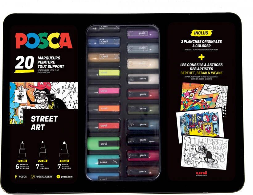 Posca paintmarkers metalen doos van 20 stuks in geassorteerde kleuren ontwerp Street art