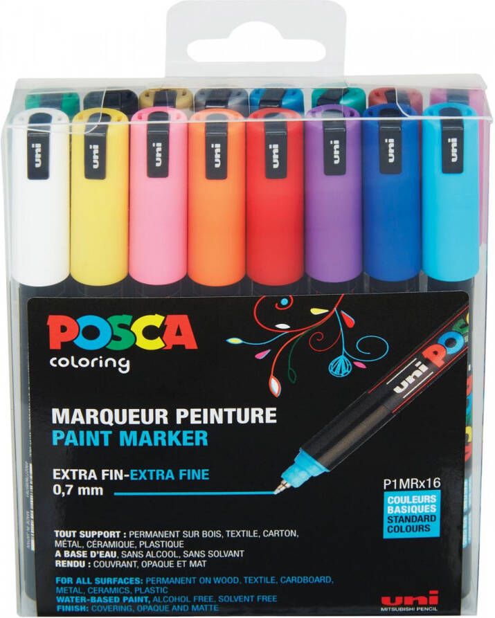 Posca Uni-ball Paint Marker op waterbasis PC-1MR doos van 16 stuks in geassorteerde kleuren