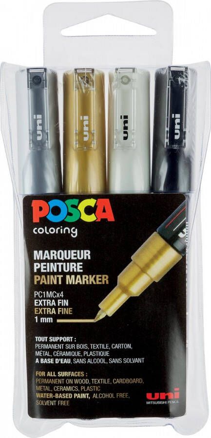 Posca Uni paintmarker PC-1MC 0 7 mm etui met 4 stuks in geassorteerde metallic kleuren