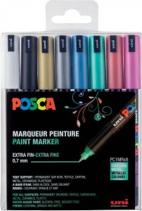 Posca Uni paintmarker PC-1MC 0 7 mm etui met 8 stuks in geassorteerde metallic kleuren