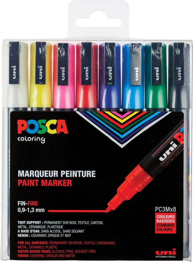 Posca Uni paintmarker PC-3M 1 5 mm Etui van 8 markers in geassorteerde basiskleuren