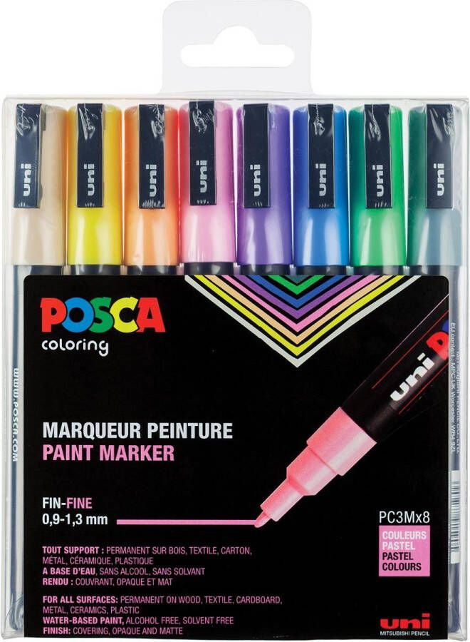 Posca Uni paintmarker PC-3M 1 5 mm etui van 8 markers in geassorteerde pastelkleuren