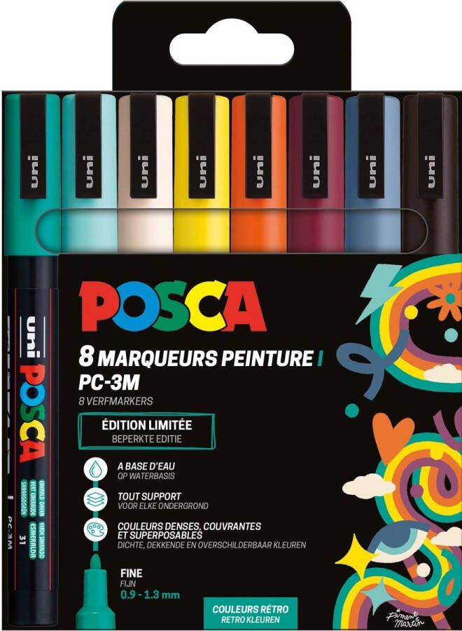 Posca Uni paintmarker PC-3M 1 5 mm etui van 8 stuks in geassorteerde Retro kleuren