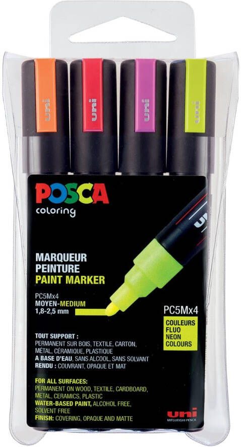 Posca Uni paintmarker PC-5M 1 8 2 5 mm etui van 4 stuks in geassorteerde fluo kleuren